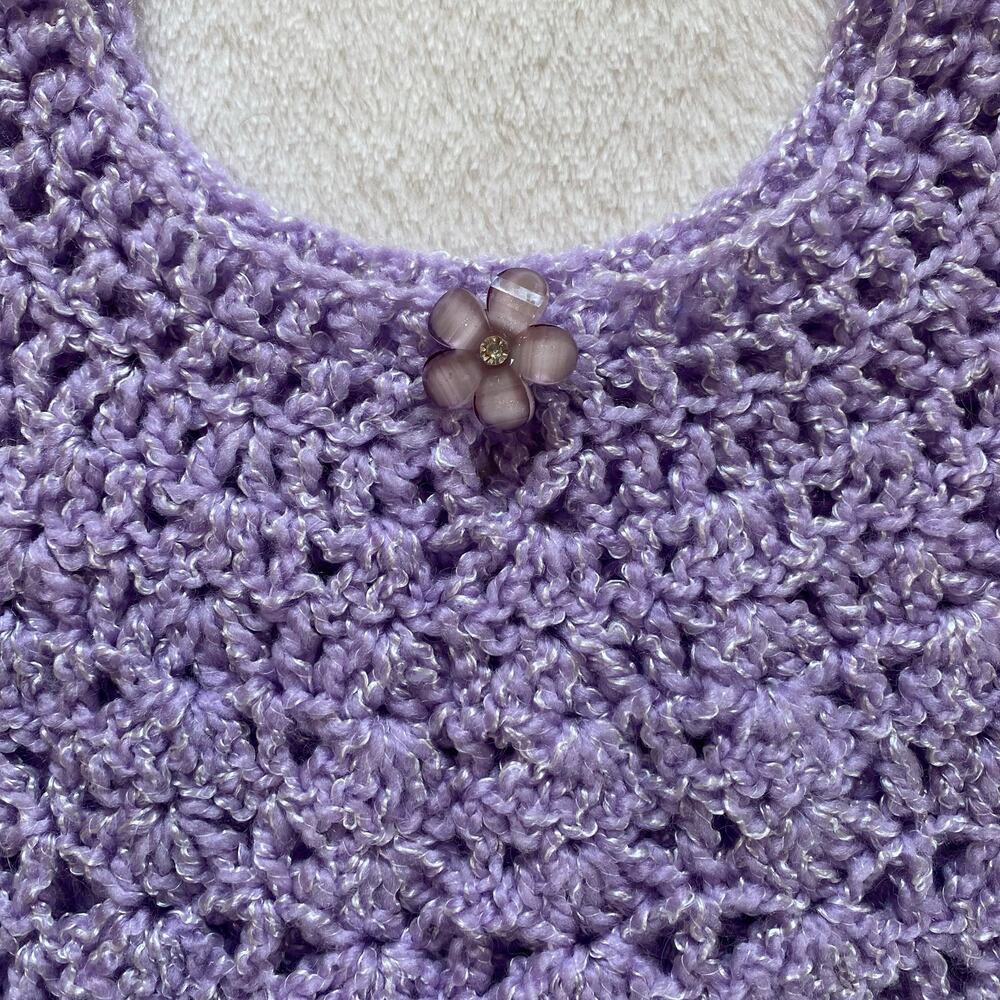 Girls Purple Knit Shirt Dress with Flower Button, Handmade - Picture 3 of 8